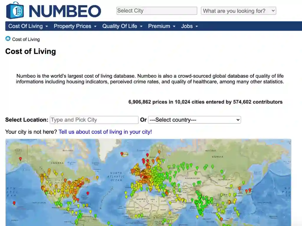 Numbeo website, used to plan your budget for your travel destination where you can compare prices between destinations.