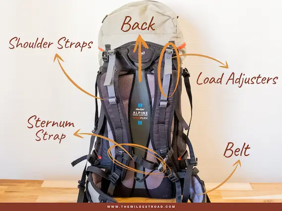 Hiking backpack infographic with features and important information for beginners.