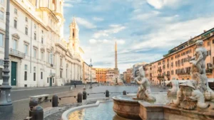 Piazza Navona and Palazzo Braschi in the city of Rome, Italy.