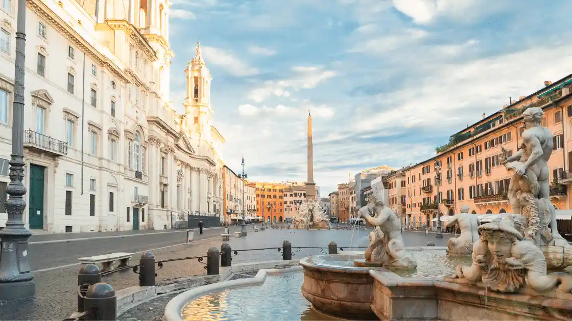 Piazza Navona and Palazzo Braschi in the city of Rome, Italy.