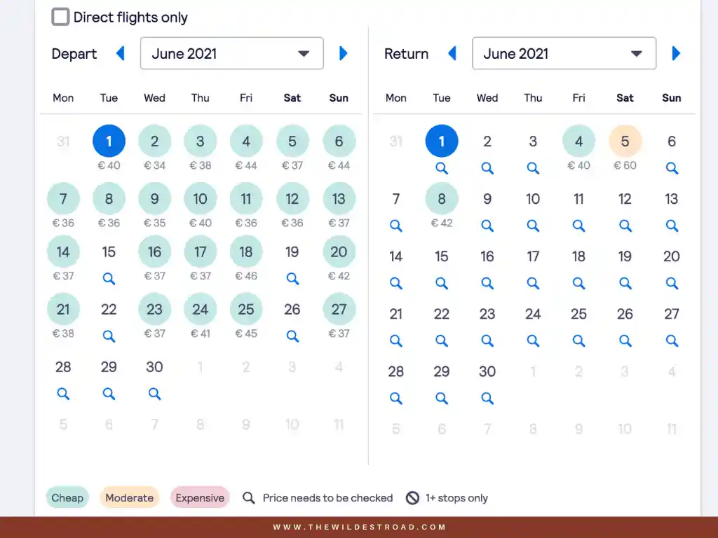 Skyscanner colour coded calendar with flight prices overview.