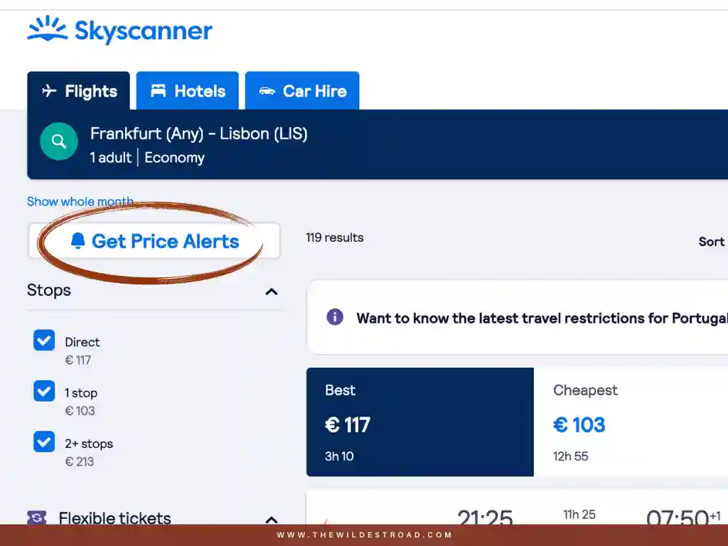 Skyscanner flight price alerts feature.
