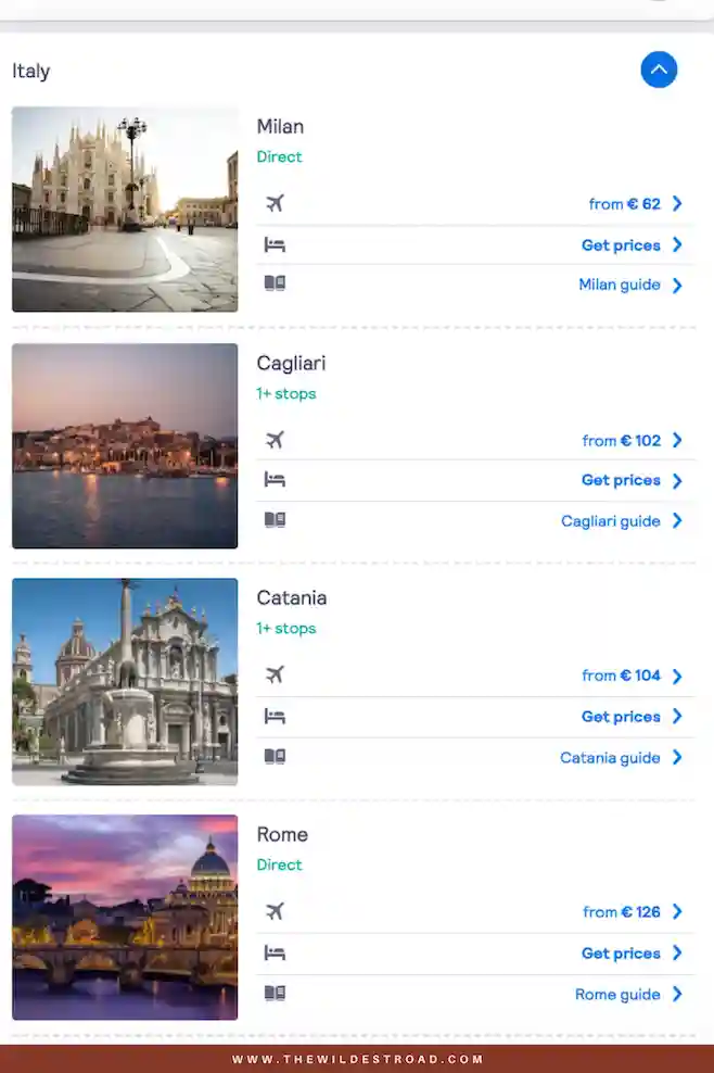 Skyscanner italy destinations example with flight prices for different airports.