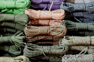 Bundles of paracord of various colours.