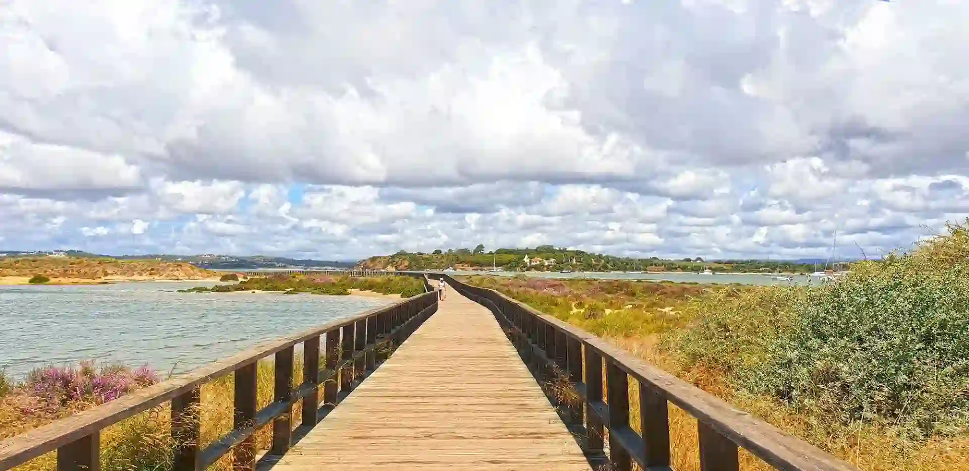 A wooden walkway crossing next to a large river, with brushy river banks.