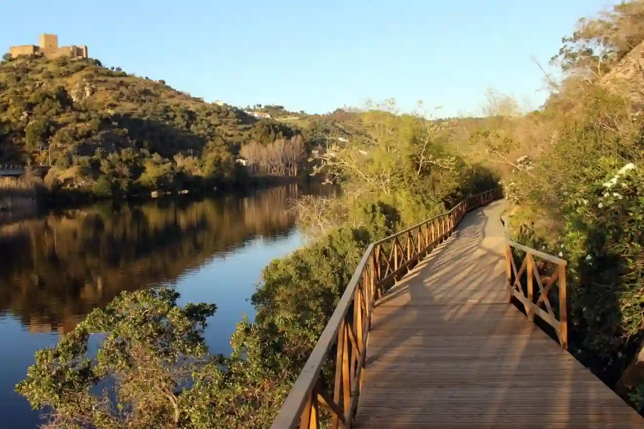 A wooden walkway passes next to a calm river in a forested area. A medieval castle is visible on a hill in the background. 