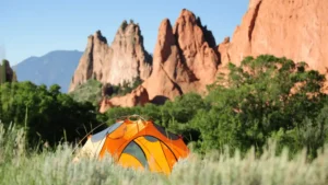 Wild camping views and camp setting with mountain views and tall grass around the tent.