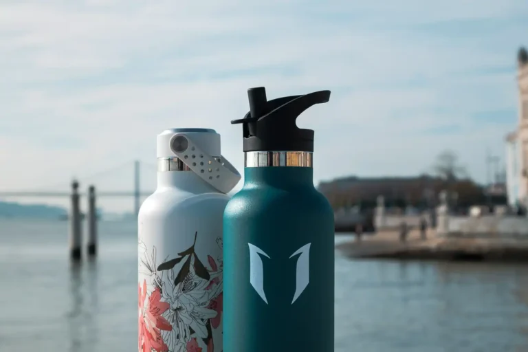Two Super Sparrow bottles with Lisbon's seaside in the background. One bottle is green, the other white with pink flowers.