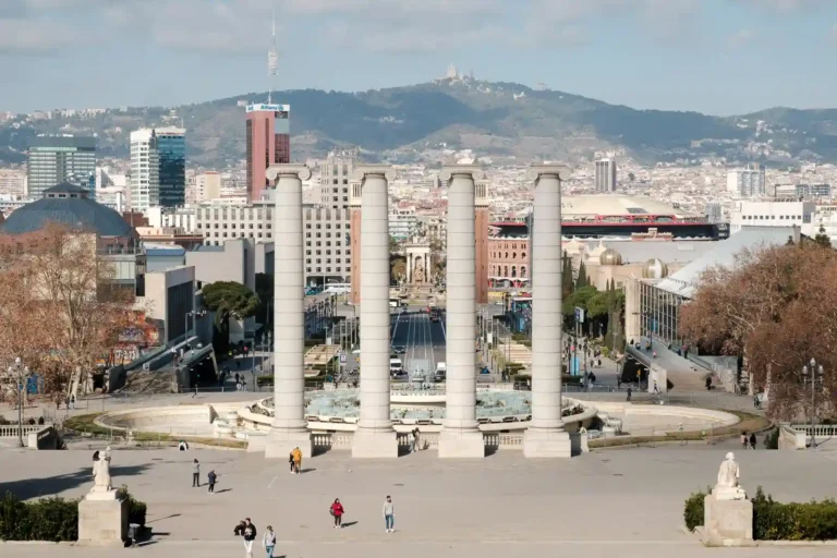 The four columns at Spain Square in Barcelona, Spain.