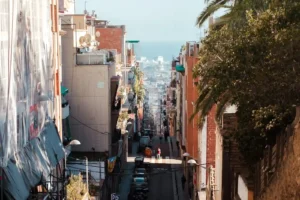 Narrow streets within the hills of Barcelona, Spain.