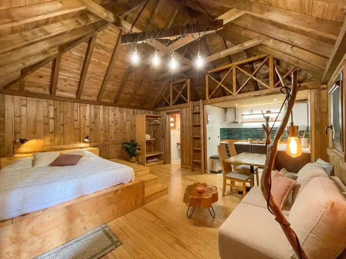 The interior of a fully wooden cottage at the Mountain Eco Shelters in Madeira, Portugal. 