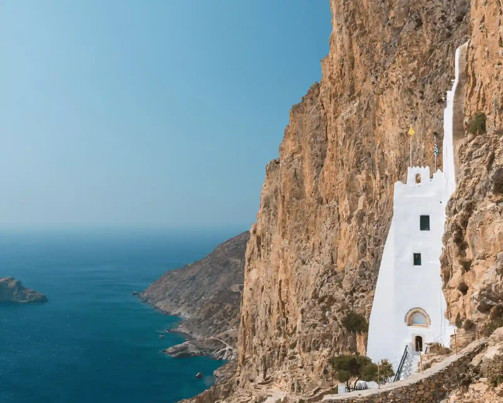 Coastline and church in the island of Amorgos in Greece.