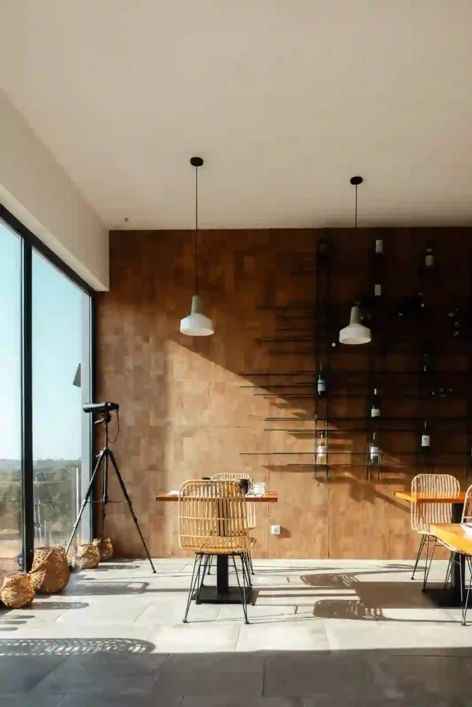 Cafe and restaurant area inside the Montimerso Skyscape Country House hotel in Alentejo, Portugal.