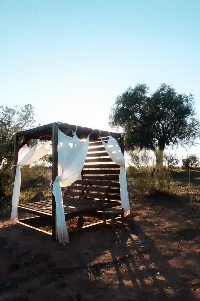 Relaxing areas in nature inside the Montimerso Skyscape Country House hotel in Alentejo, Portugal.