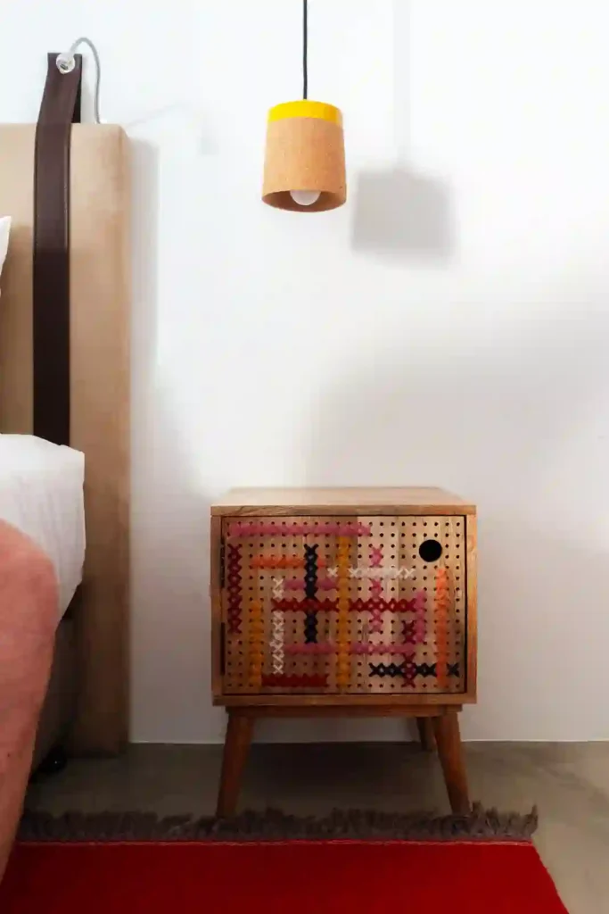 Side table decor inside the hotel rooms at Montimerso Skyscape Country House in Alentejo, Portugal