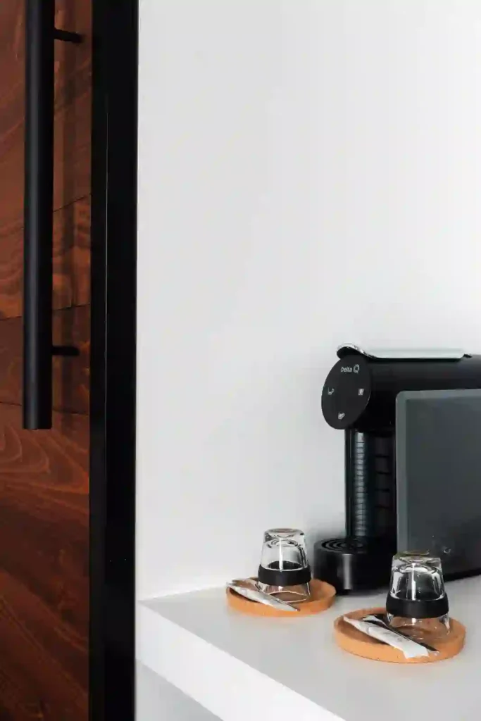 Espresso machine inside the hotel room at Montimerso Skyscape Country House hotel in Alentejo, Portugal.