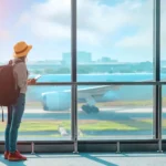 A traveller looking out at plane from an airport window.