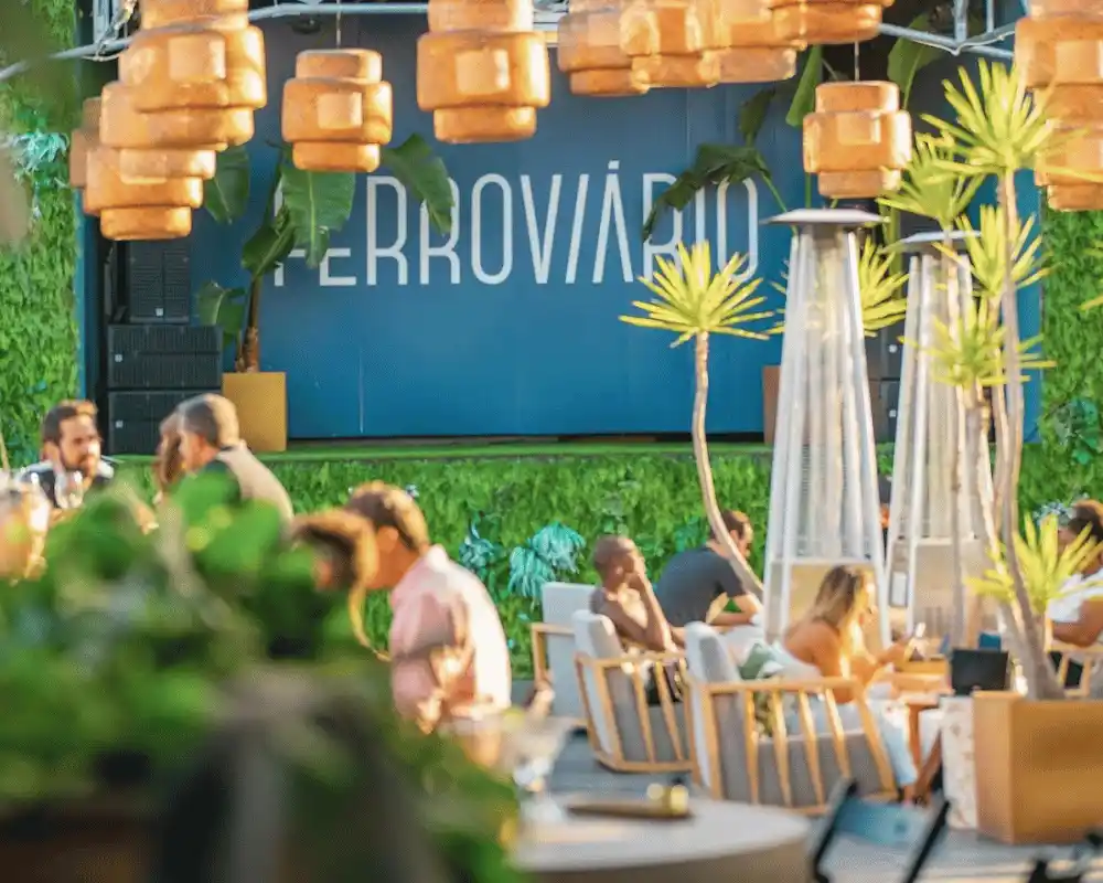 The interior of the Ferroviario rooftop bar in Lisbon, Portugal. 