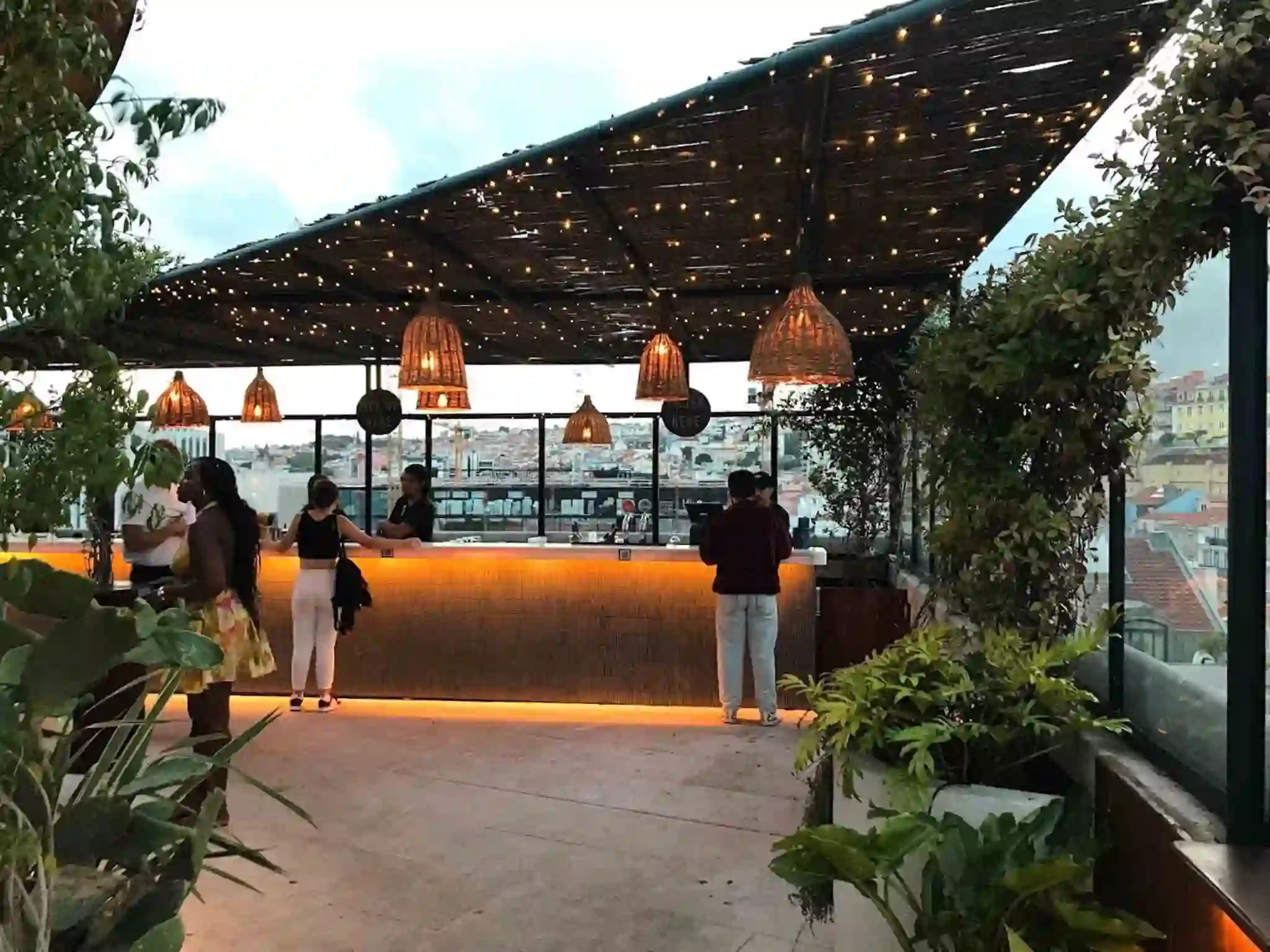 The modern terrace of the Javà rooftop bar in Lisbon, Portugal. 