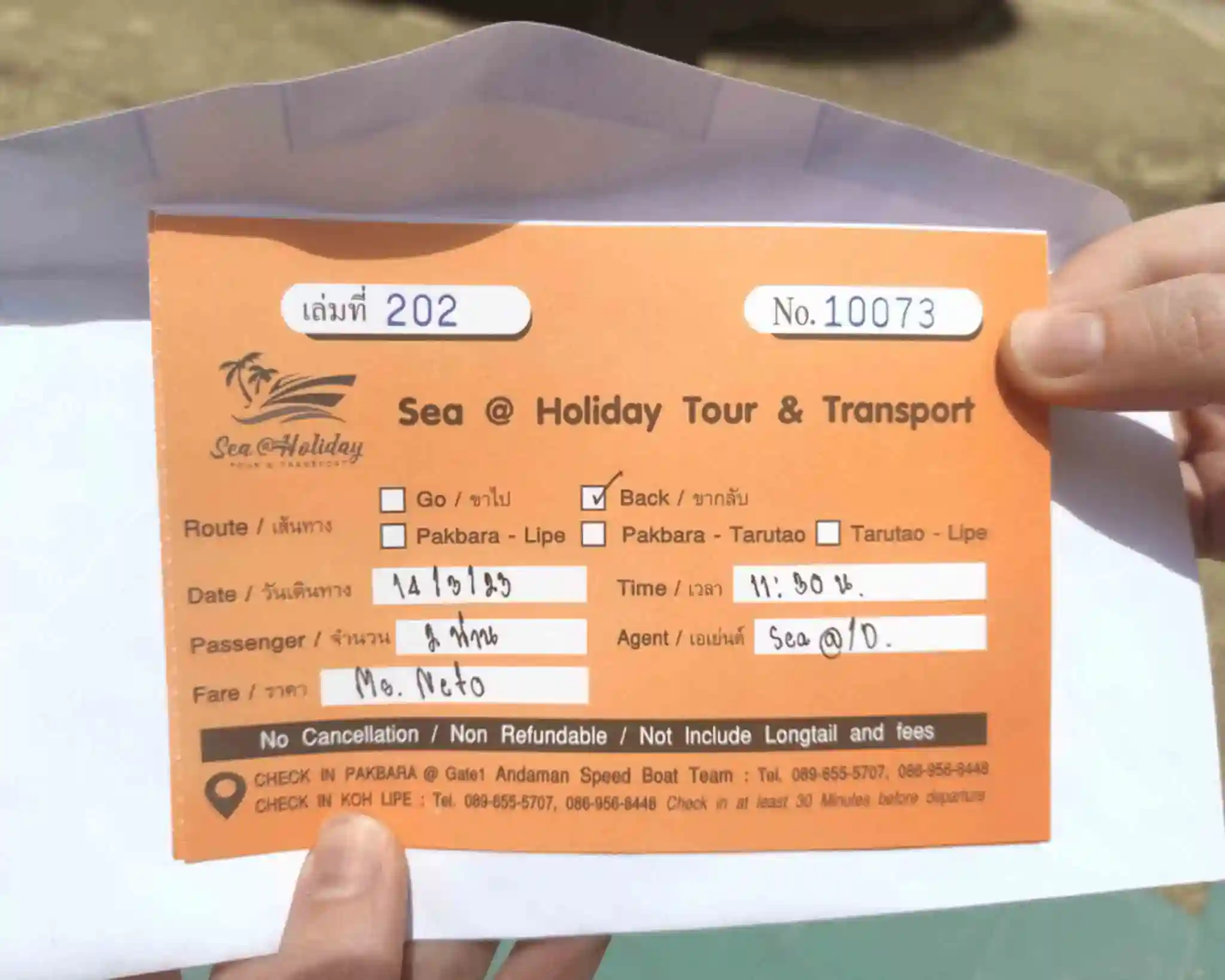 The ticket for the Sea @ Holiday & Transport speedboat company.