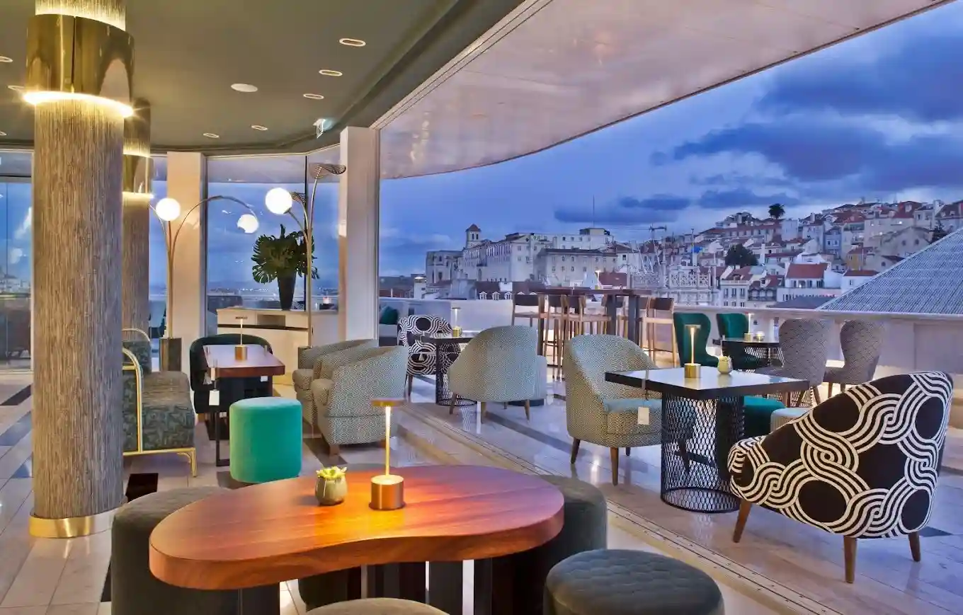 The interior of the Rossio Gastrobar rooftop bar in Lisbon, Portugal. 