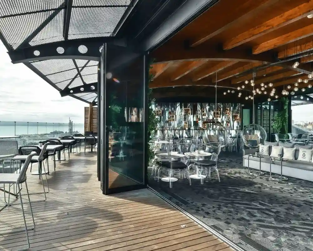 The terrance and bar area of the Sky Bar Oriente in Lisbon, Portugal. 