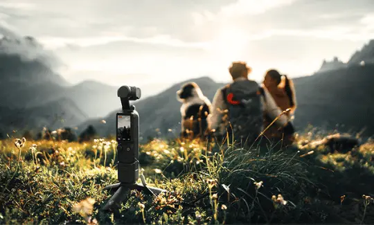 A A DJI Osmo Pocket 3 set in the grass, while two people and a dog can be seen in the foreground.