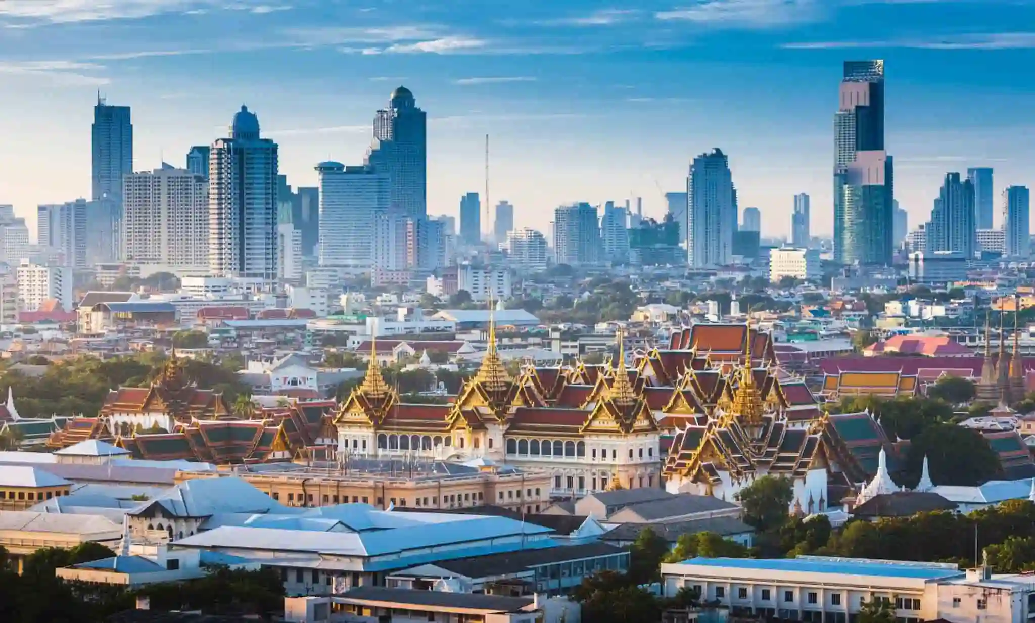 View of Bangkok's Grand Palace and the city's skyline.