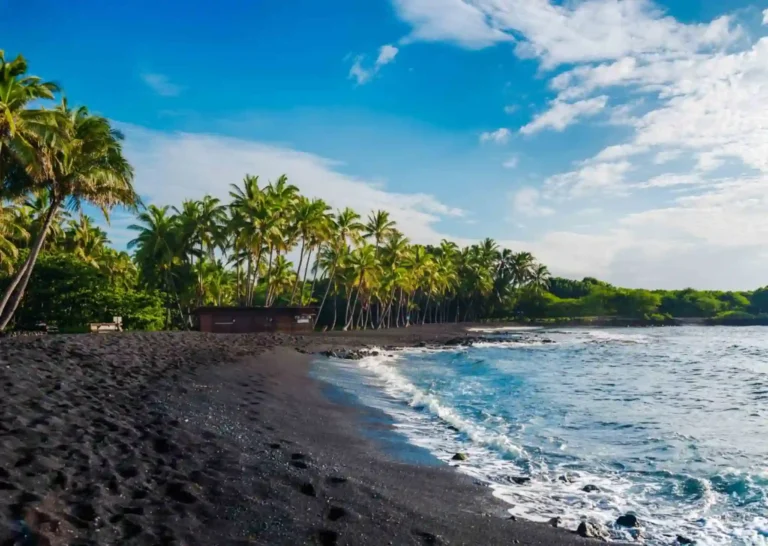 View of the Punalu'u Black Sand Beach in Hawaii, USA.