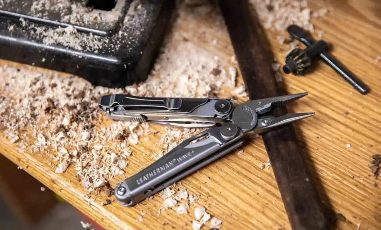 A Leatherman Wave Plus on a workbench.