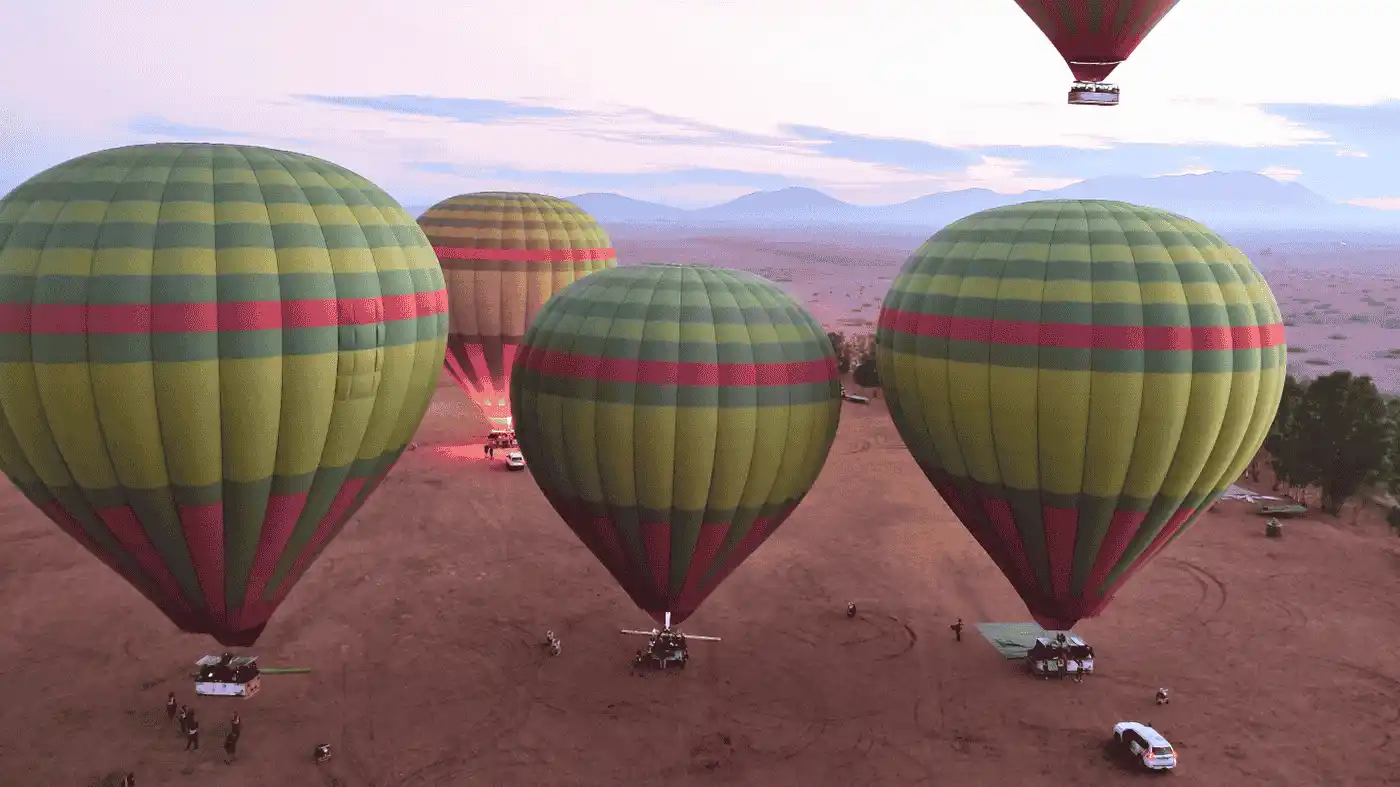 Hot air balloons taking off at sunrise, Marrakech, Morocco