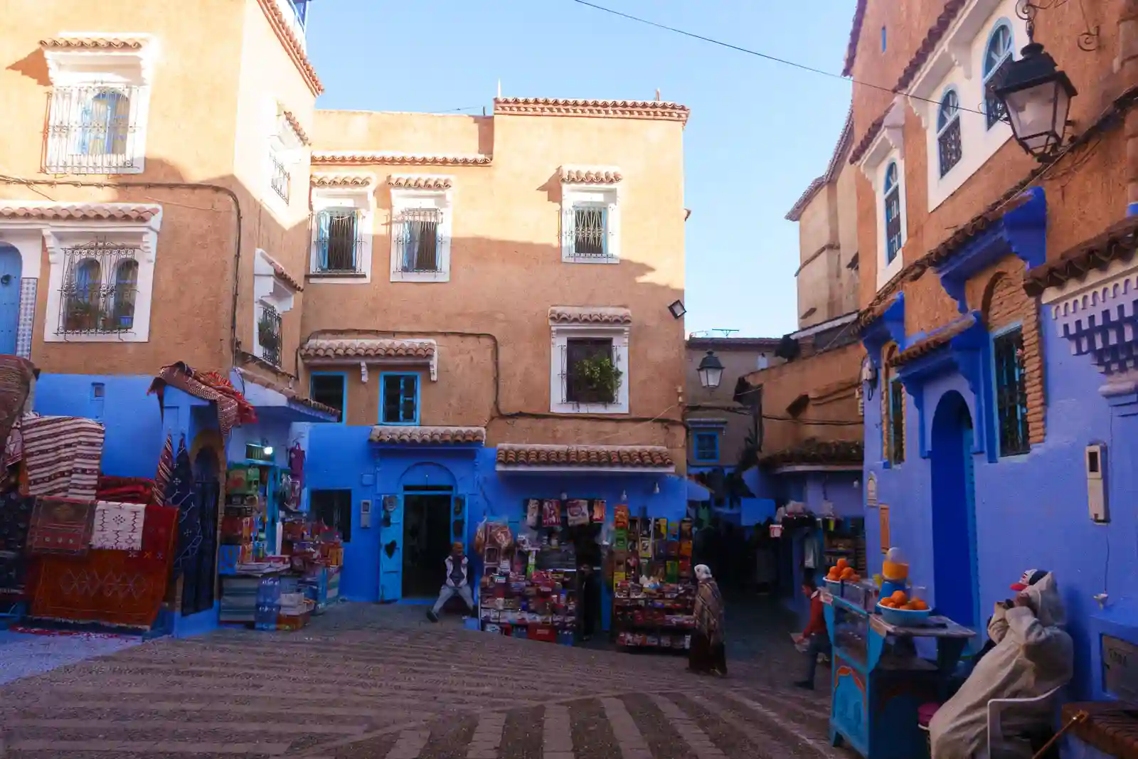 The iconic blue and terracotta streets of the blue city of Chefchaouen in Morocco.