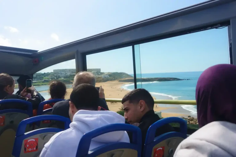 Hop on hop off tourist bus tour of Tangier, Morocco.