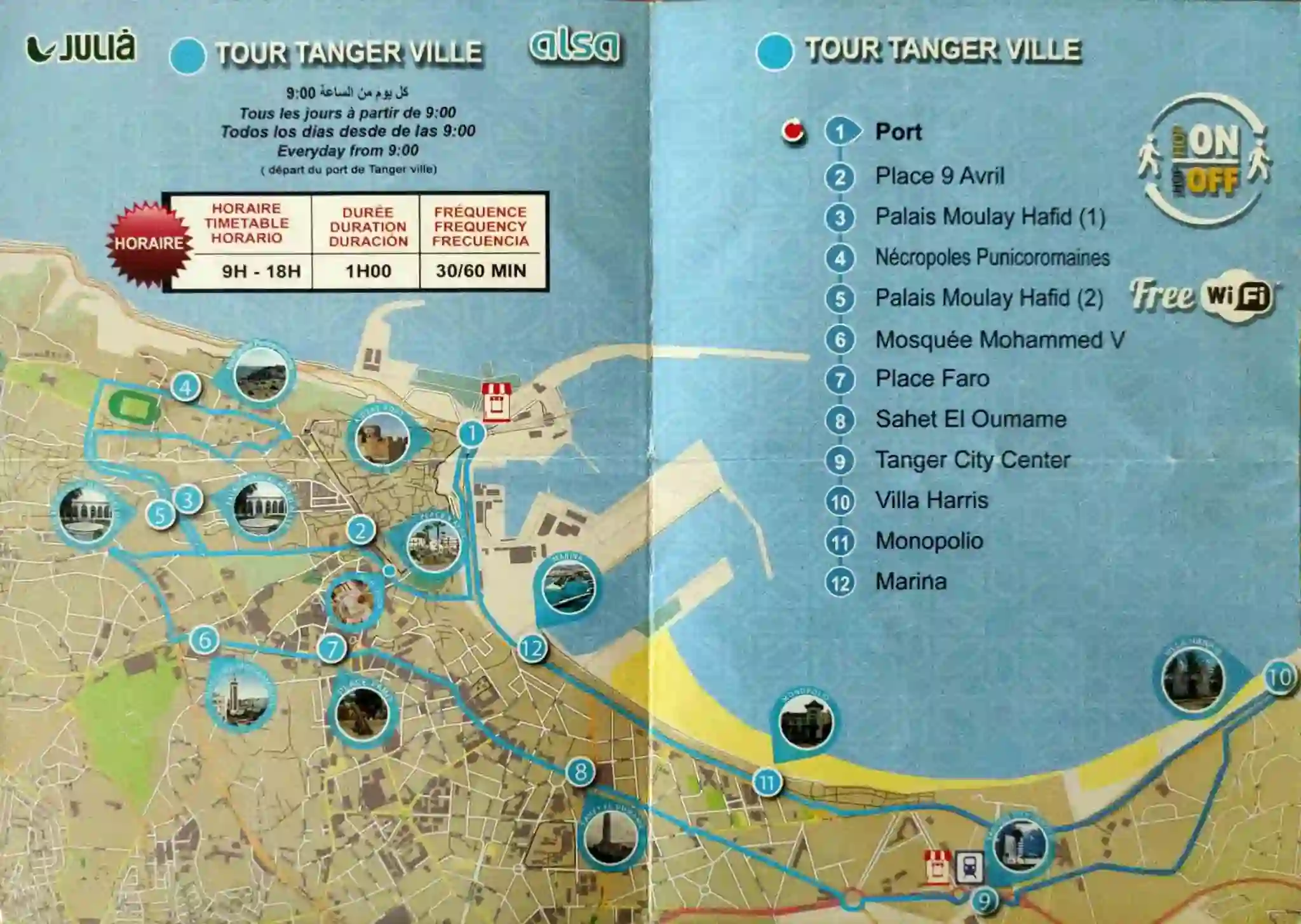 Route of the Tour Tanger Ville from the Hop on Hop off tourist bus in Tangier, Morocco.