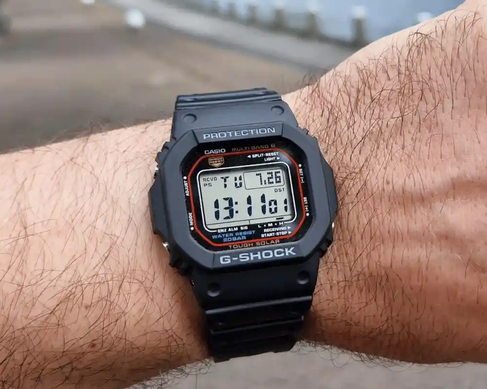 Close up of the g-shock square watch on a wrist.