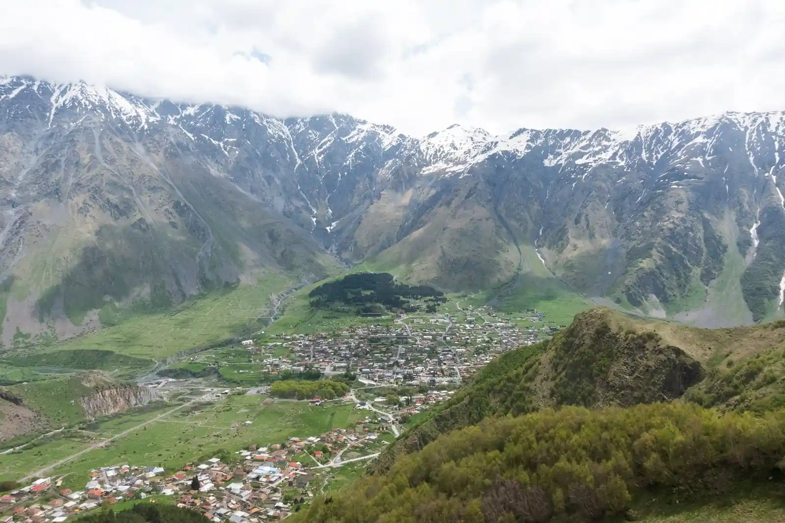 Mountain views of the town of Kazbegi, also known as Stepantsminda, in Georgia.