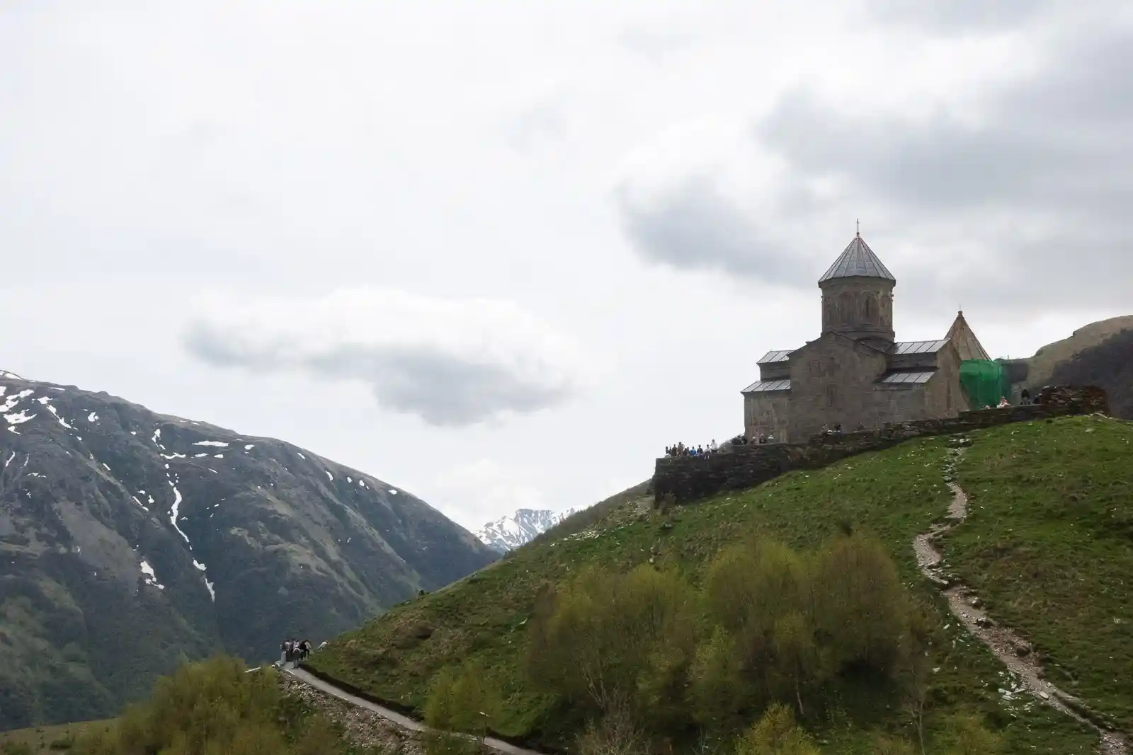 View of the Gergeti Trinity Church in Kazbegi Stepantsminda Georgia.